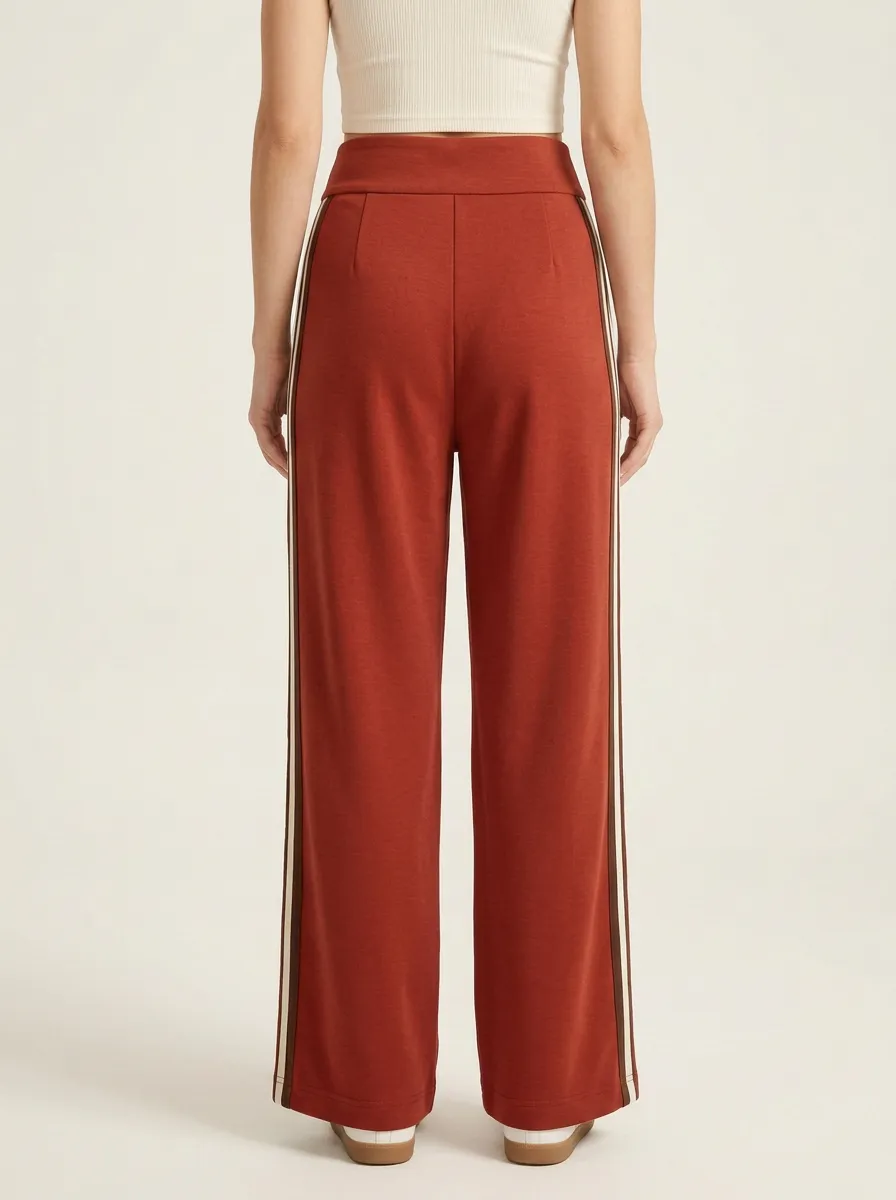 Women's High-Rise Double-Button Pleated Contrast-Stripe Wide-Leg Trousers
