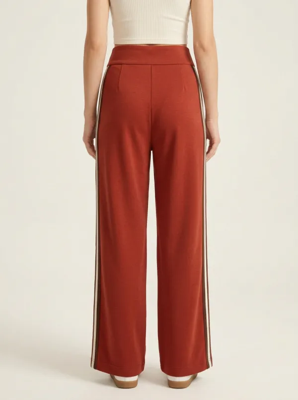 Women's High-Rise Double-Button Pleated Contrast-Stripe Wide-Leg Trousers