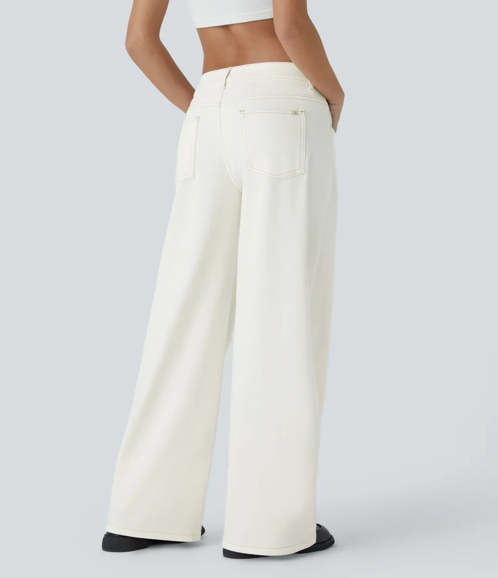 Asymmetric Low Rise Zipper Pockets Baggy Wide Leg Washed Casual Jeans