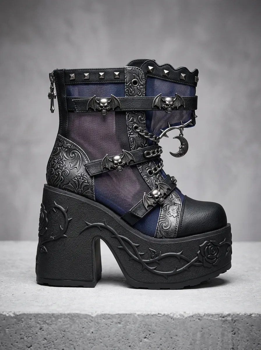 Witchy Skull Bat Moon Silhouette Women's Gothic Platform Boots
