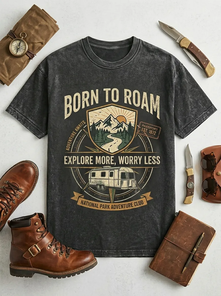 Unisex Camping Lover Born To Roam Mountain Camper Printed T-shirt