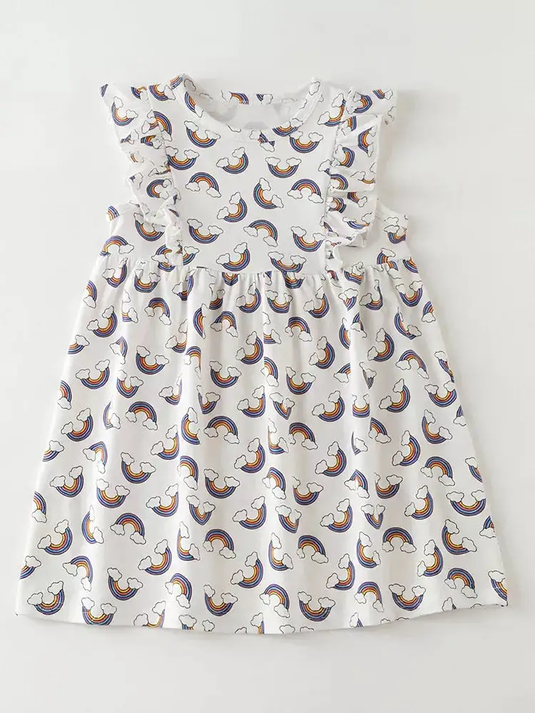 Girls Rainbow Print Ruffle Sleeve Dress