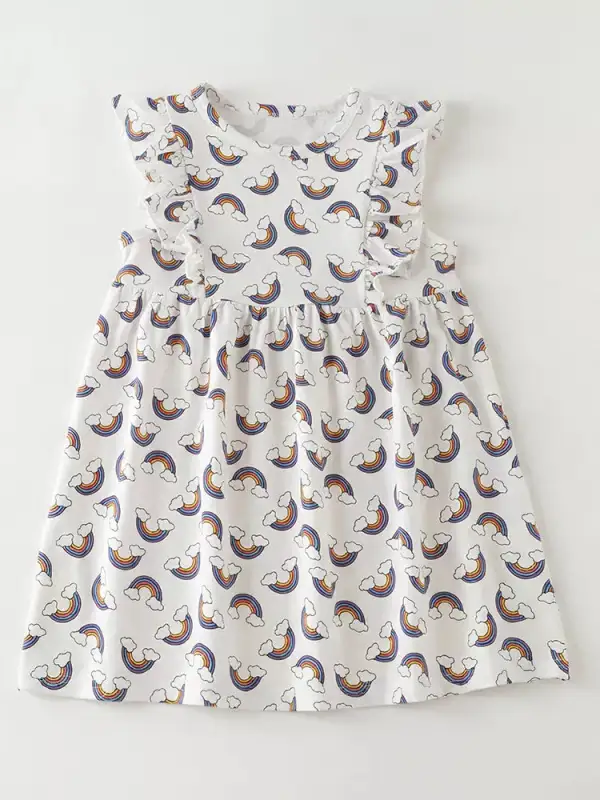Girls Rainbow Print Ruffle Sleeve Dress