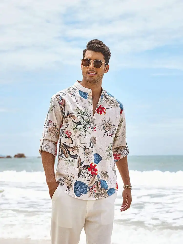 Cotton Linen Printed Henley Shirt