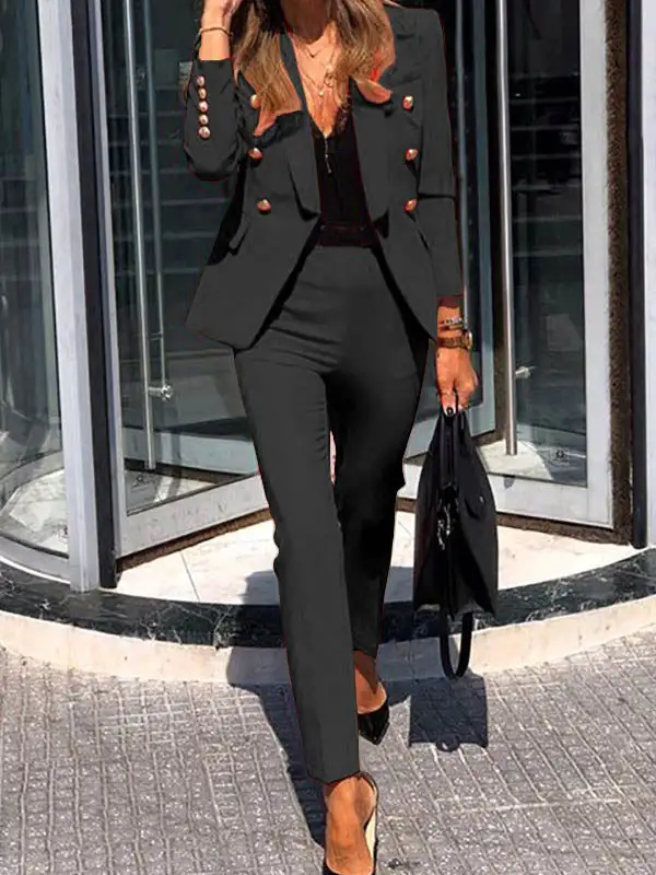 Notched Collar Long Sleeve Pantsuit