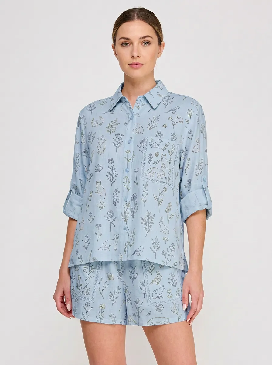 Women's Nature Lover Forest Animal Floral Printed Button-up Shirt