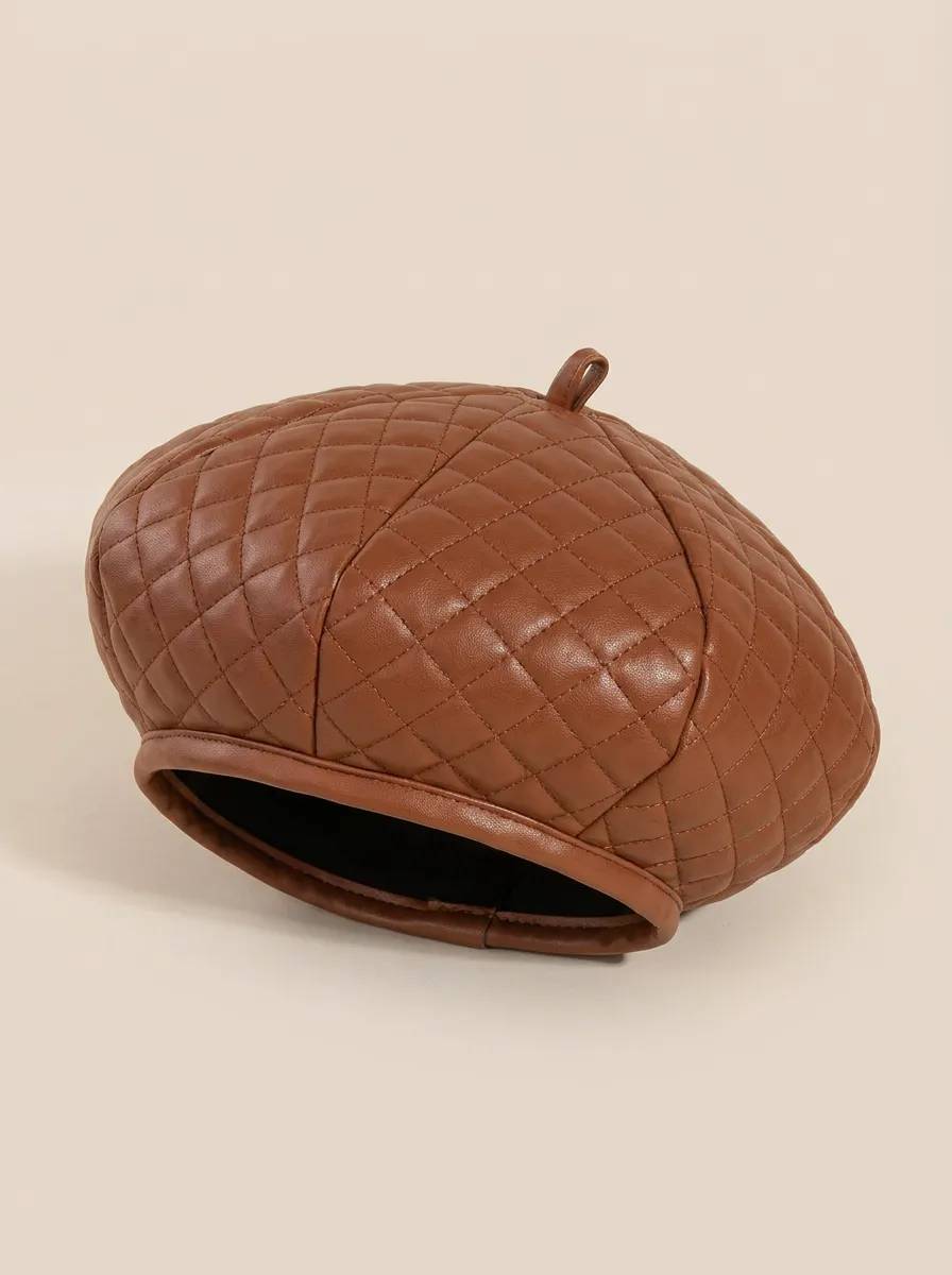 Unisex Brown Quilted Faux Leather Beret