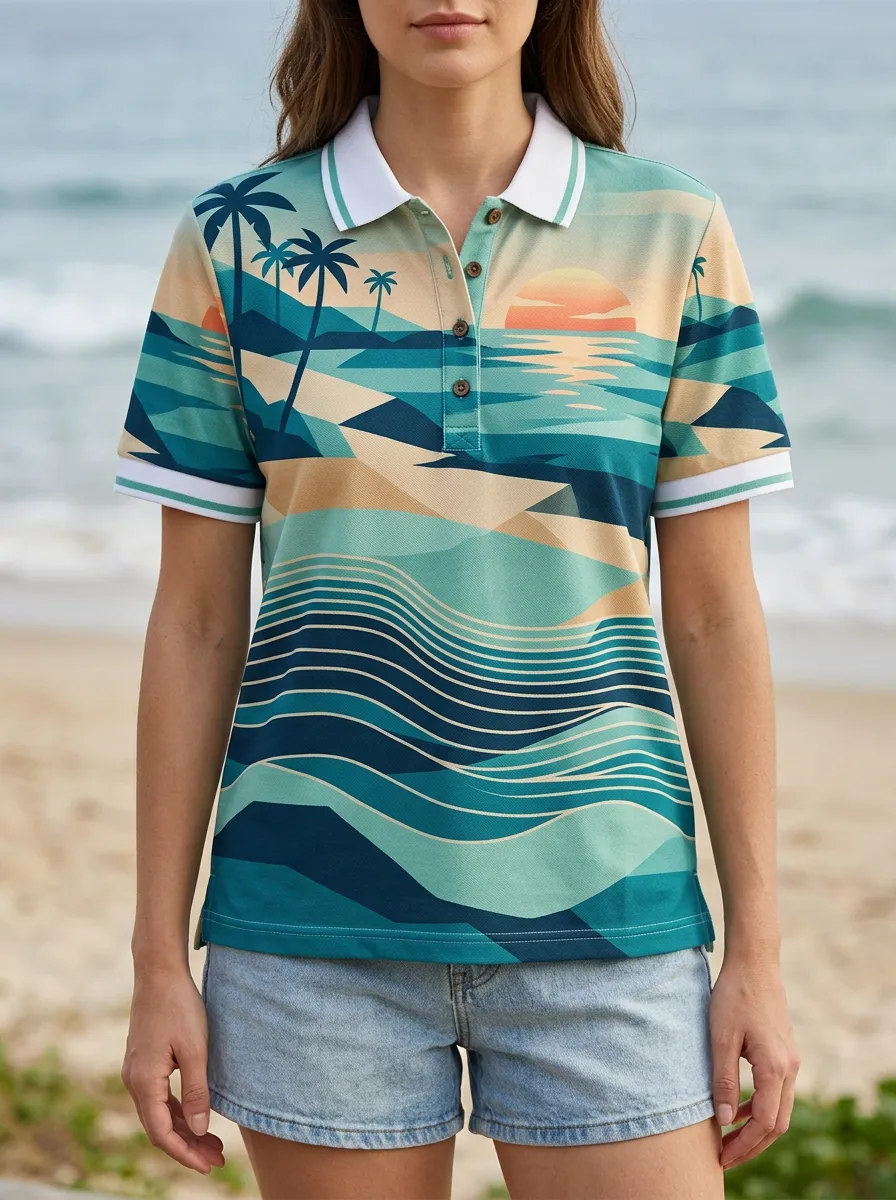 Women's Retro Inspired Tropical Beach Sunset Palm Tree Polo Shirt
