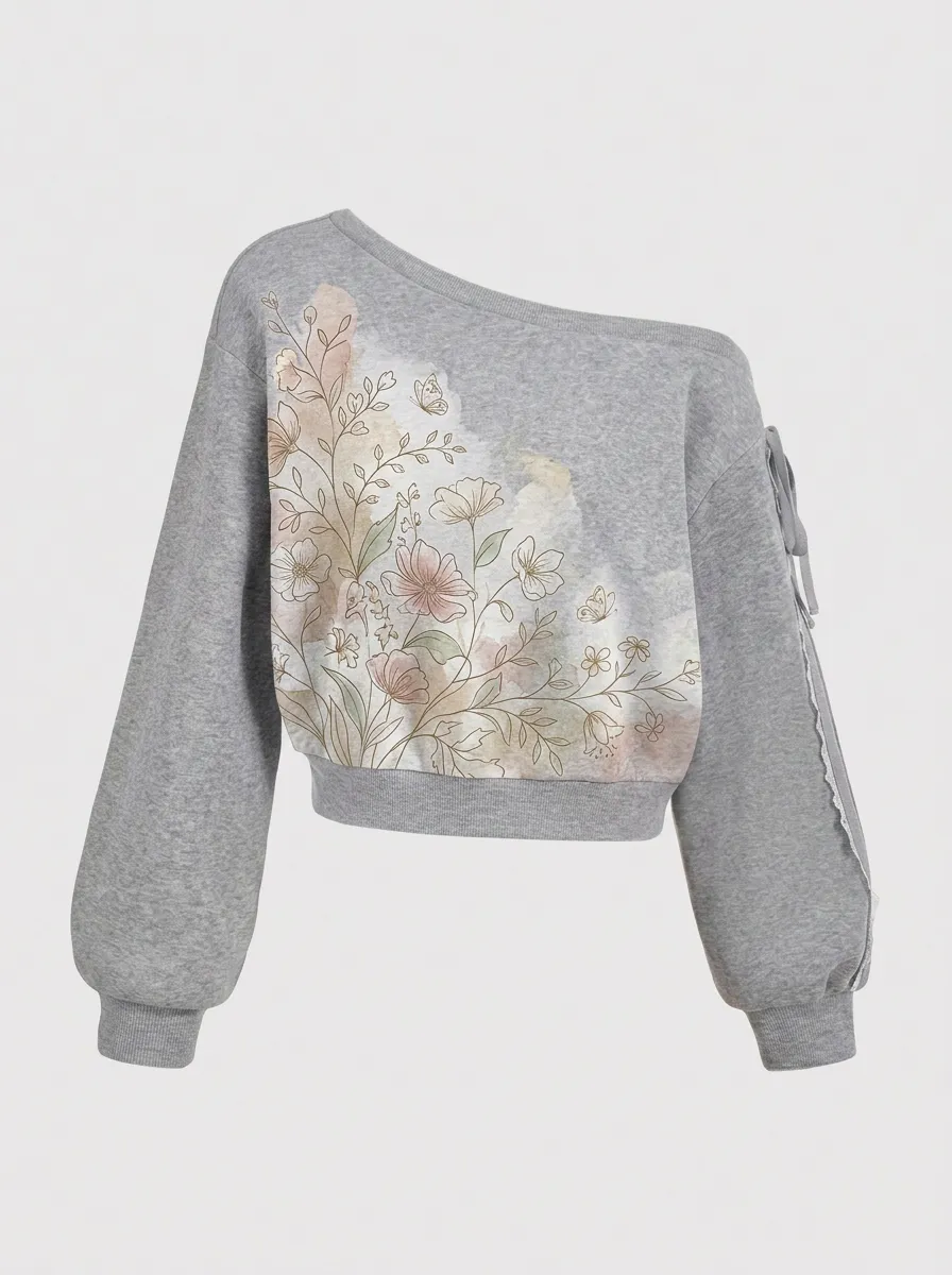 Women's Floral Butterfly Watercolor Printed Off-Shoulder Sweatshirt