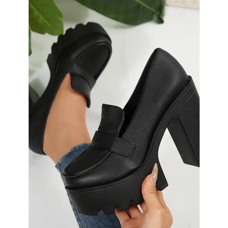 Round Toe Platform Block Heels Pumps