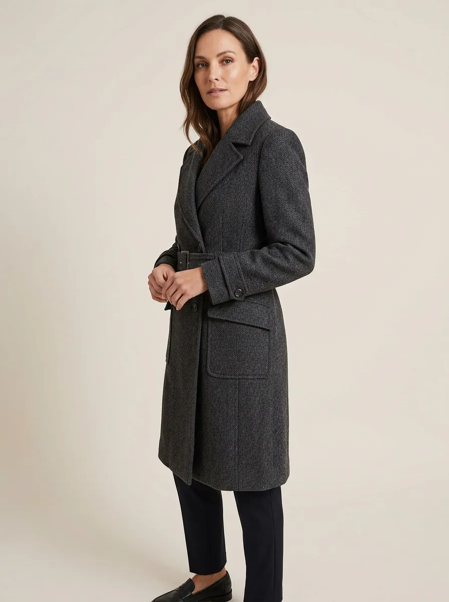 Women's Charcoal Gray Herringbone Belted Wool-Blend Coat
