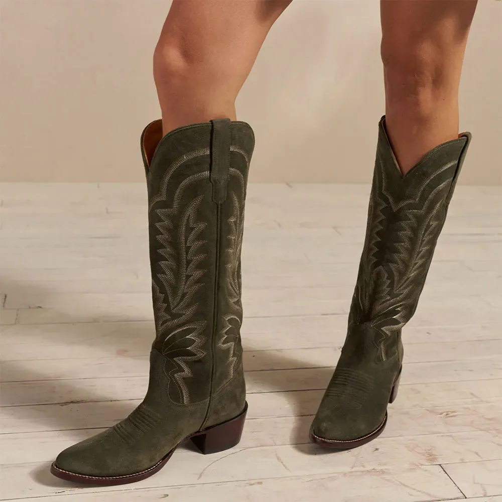 Faux-Suede Embroidered Pointed-Toe Chunky-Heel Knee-High Boots