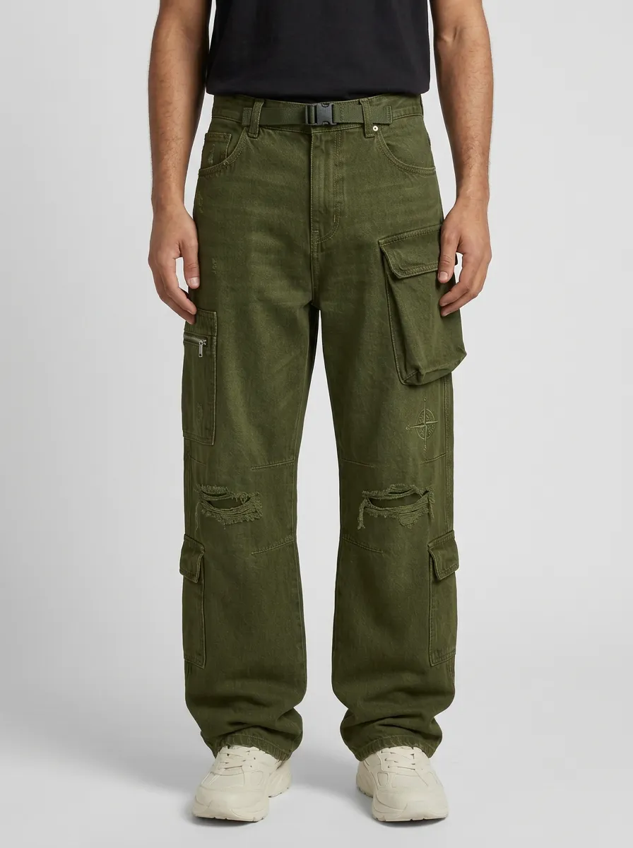 Men's Streetwear Compass Graphic Distressed Cargo Jeans