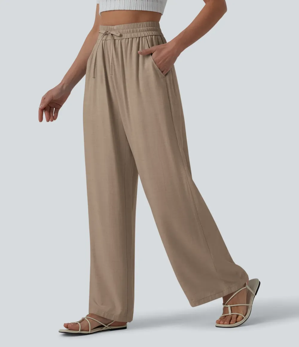 2026🔥High Waisted Drawstring Wide Leg Casual Linen-Blend Trousers with Pockets