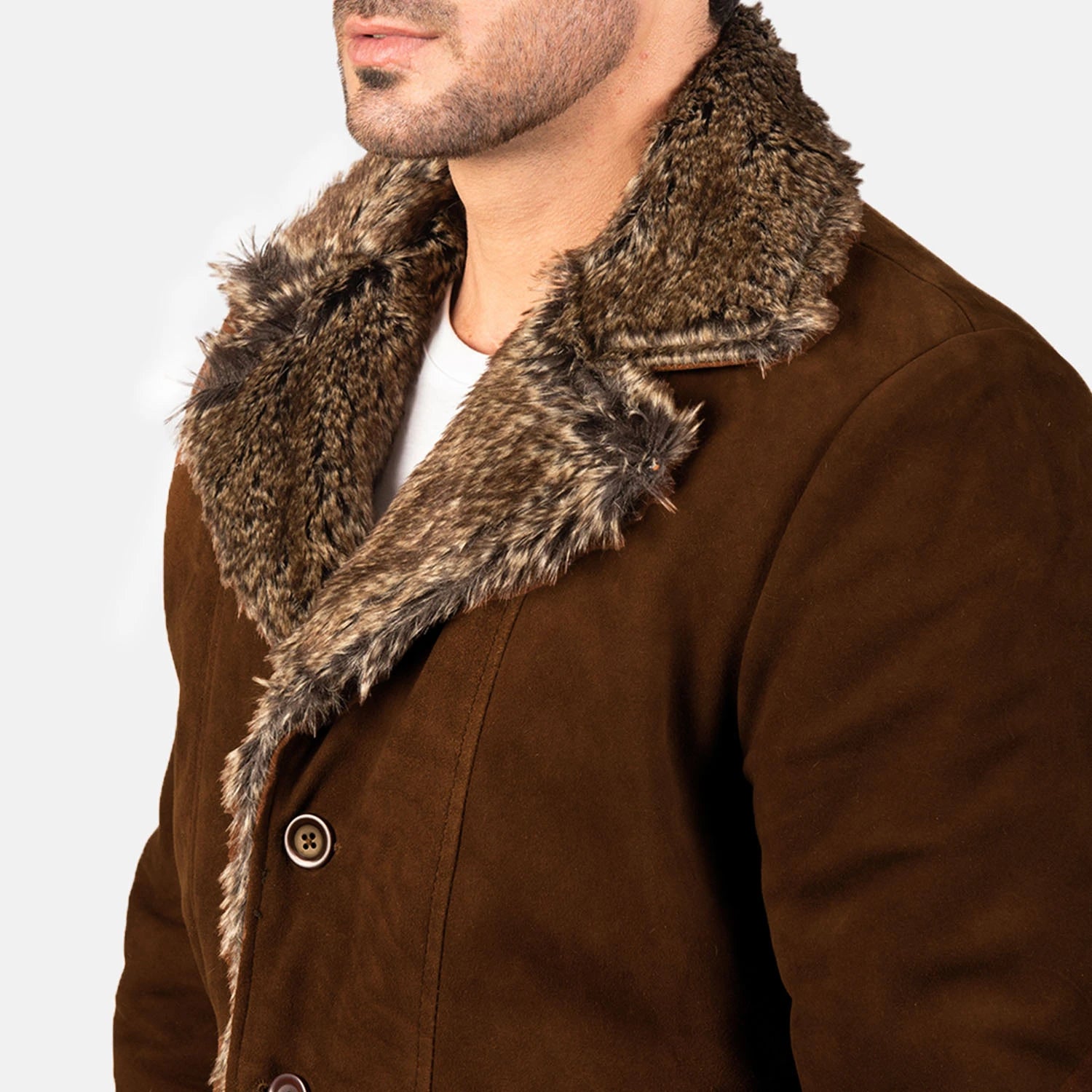 Men's Classic Suede Leather Fur Trim Coat
