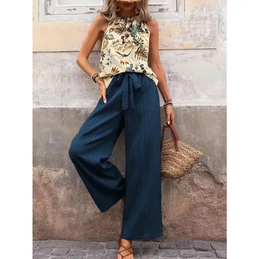 Printed Tank Top and Wide Leg Pants Set