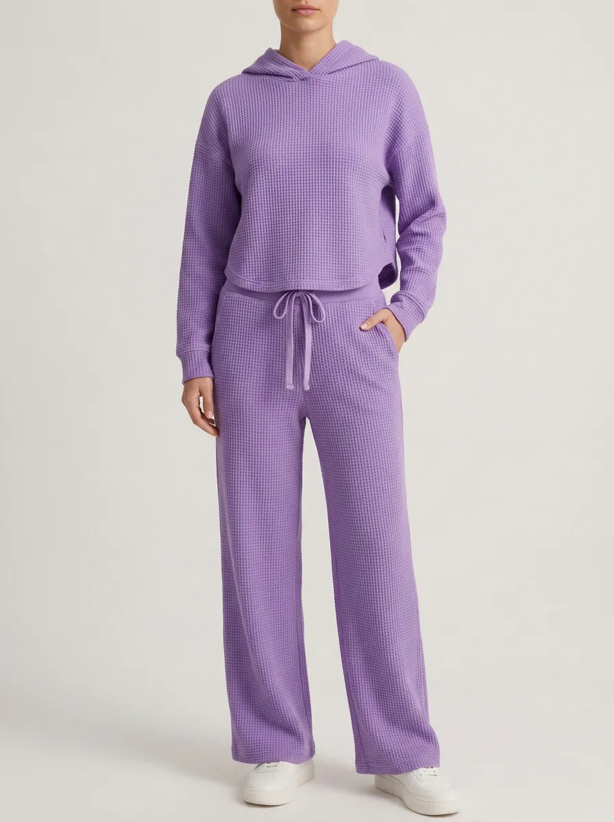 Unisex Purple Waffle Knit Hooded Pullover Top