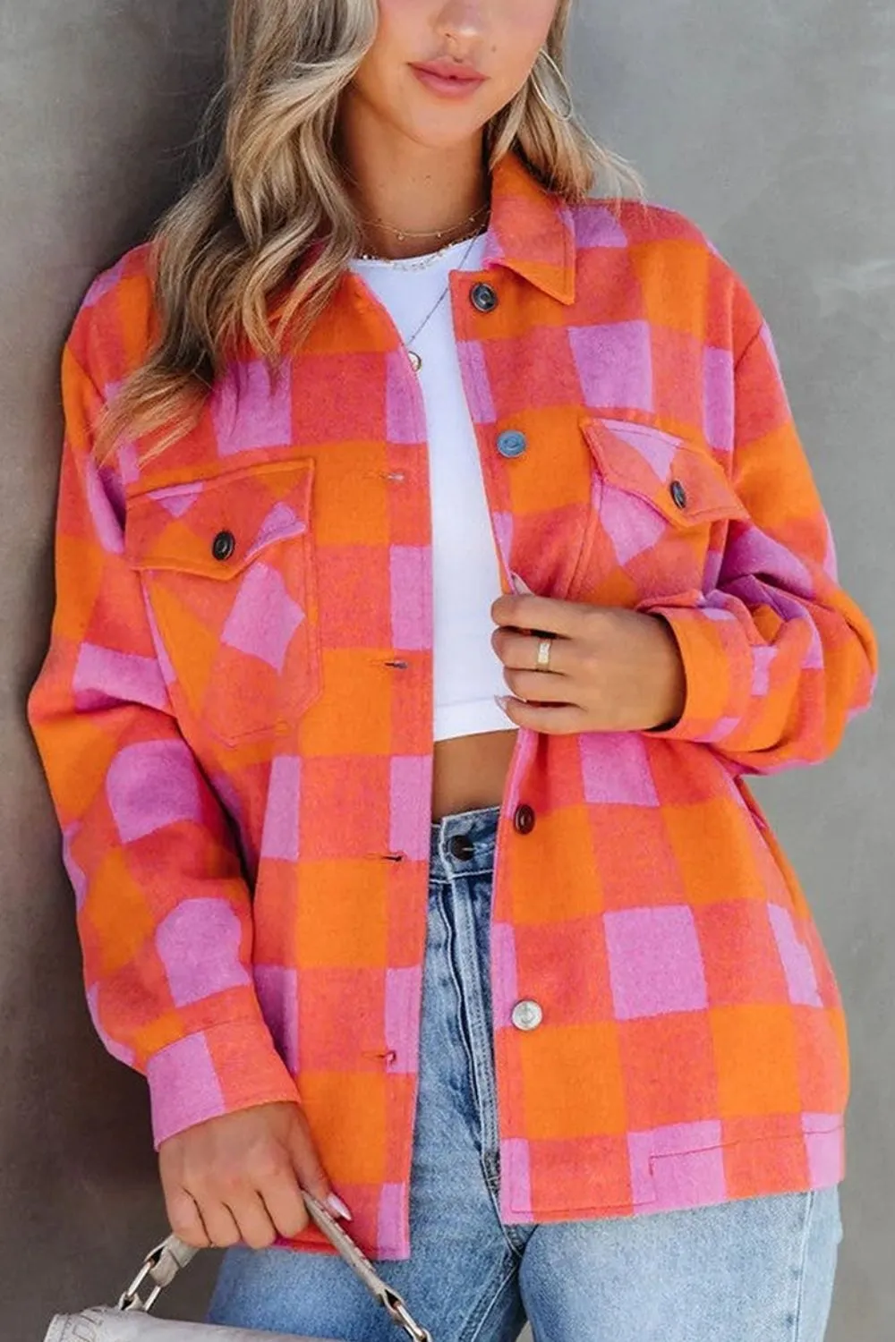 Button-Front Collared Faux-Leather Denim Jacket