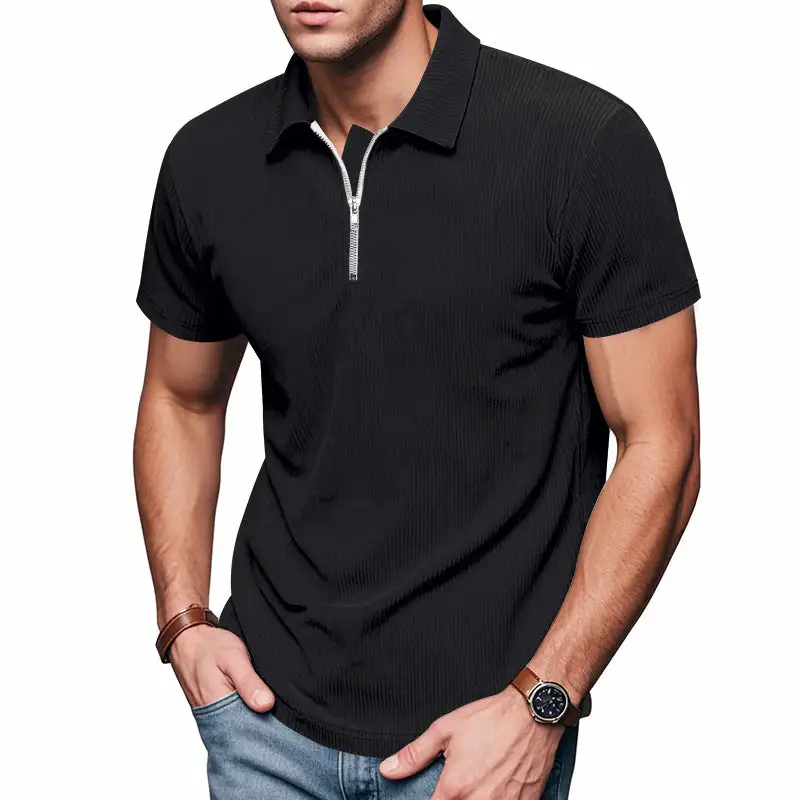 Ribbed Zip Front Short Sleeve Polo Shirt