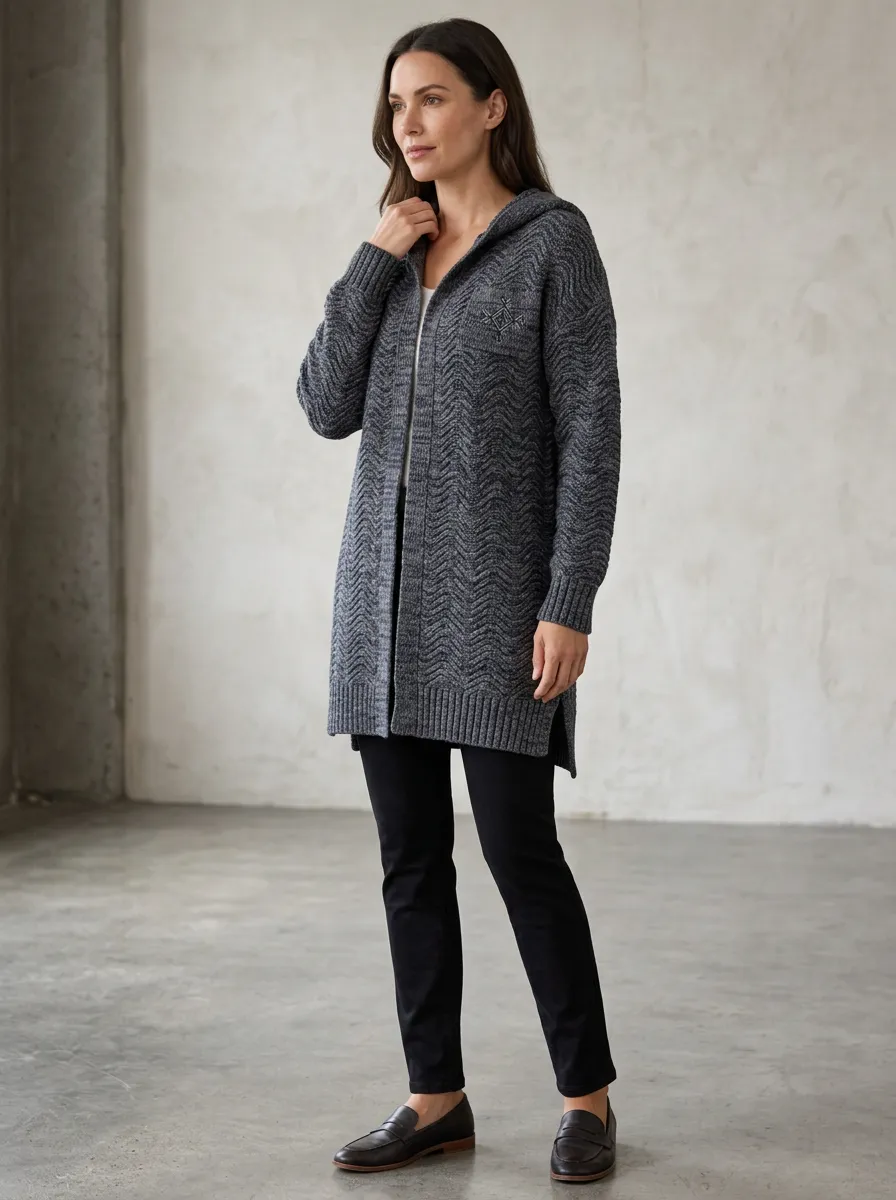 Women's Chevron-Knit Open-Front Side-Slit Hooded Cardigan