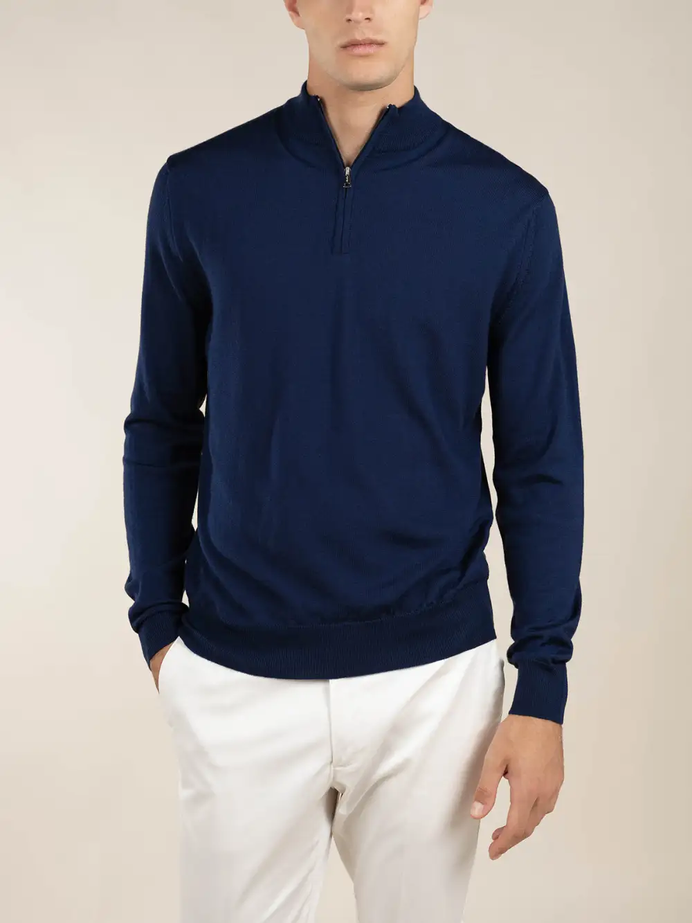 Zip Neck Sweater With Cashmere Merino Blend Detail And Zip Front Funnel Neck Knit Construction