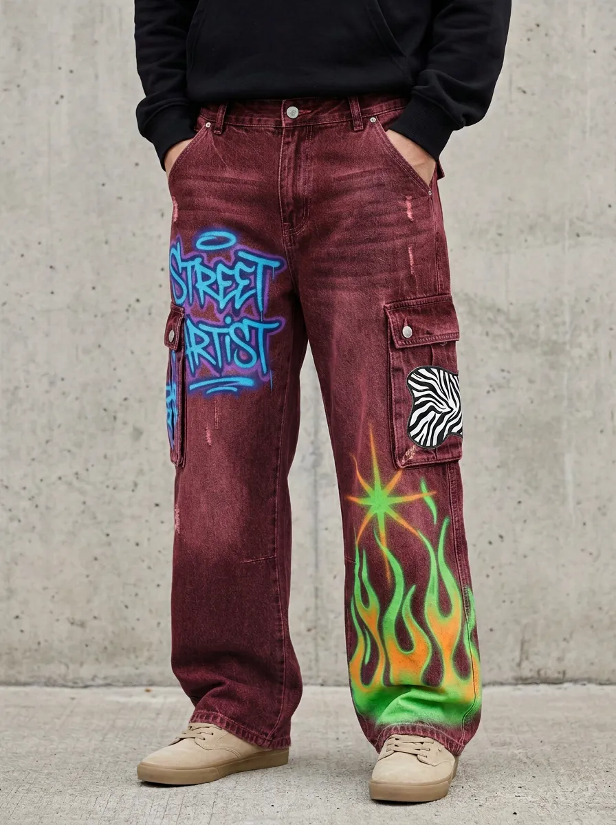 Men's Canvas Graffiti Flame Graphic Cargo Jeans