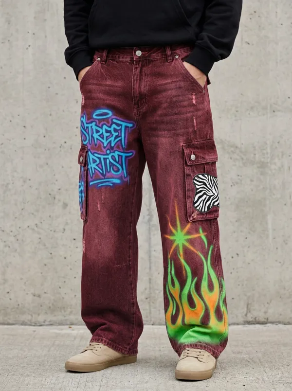 Men's Canvas Graffiti Flame Graphic Cargo Jeans
