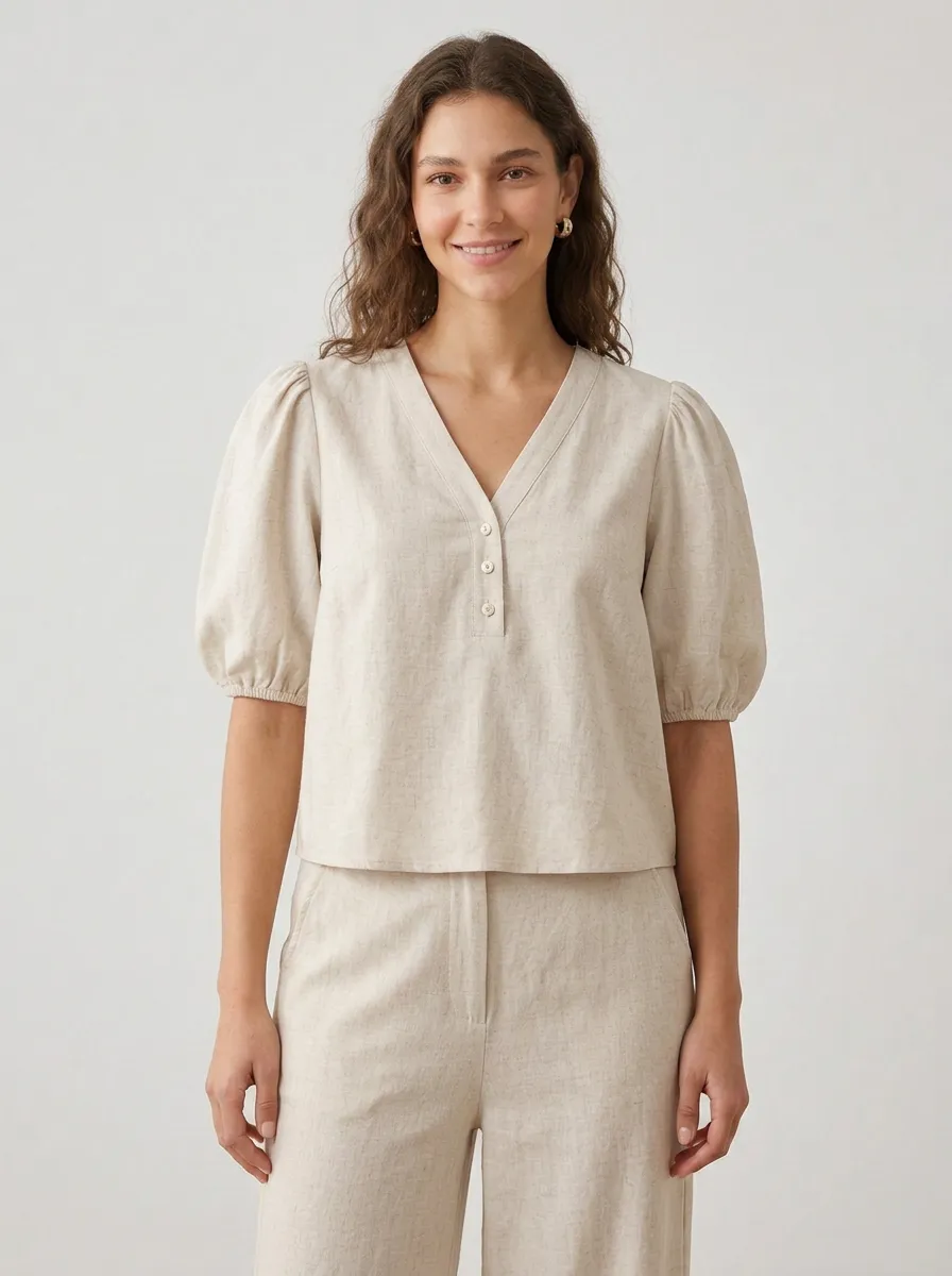 Puff-Sleeve Short-Sleeve Button-Front Women's V-Neck Shirt