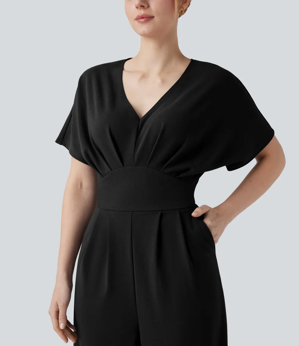 Wrinkle-resistant V-neck Batwing Sleeve Wide Leg Work Jumpsuit with Pockets-Easy Peezy