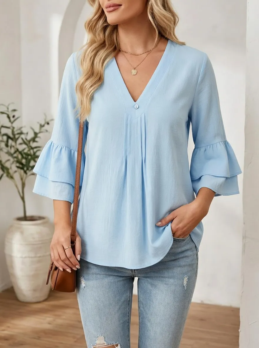 V-Neck Layered Ruffle Sleeve Blouse