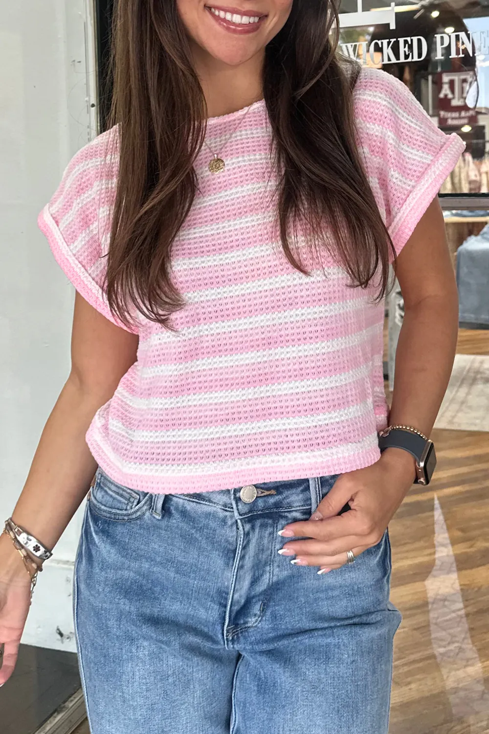 Pink Striped Print Waffle Knit Tee