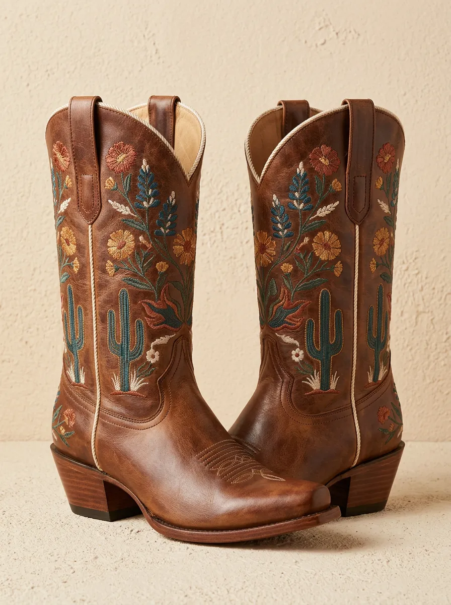 Desert Cactus Floral Embroidered Motif Unisex Western Cowboy Boots