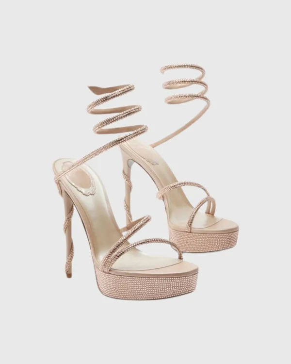 Rhinestone Embellished Snake Platform Sandals in Beige