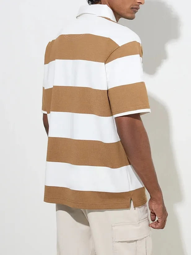 Brown Loose Cotton-Blend Polo T-Shirt
