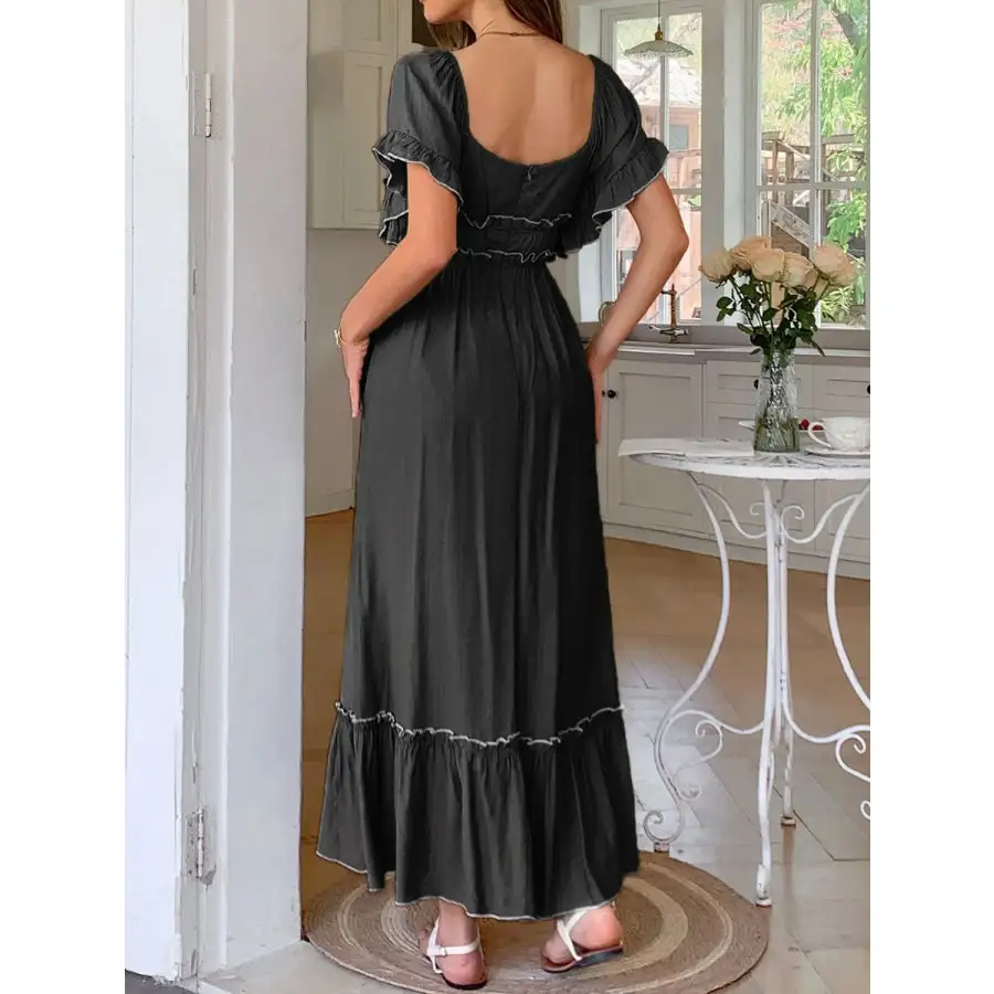 Square Neck Puff Sleeve Ruffle Trim Maxi Dress