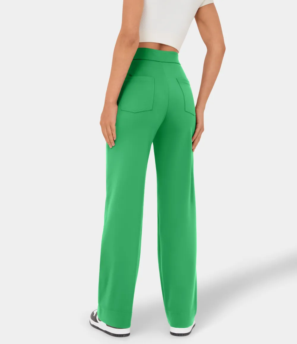High Waisted Button Multiple Pockets Straight Leg Casual Pants