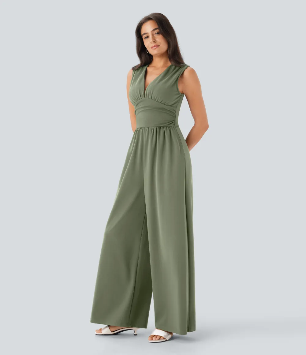SculptKnit V Neck Sleeveless Ruched Pocket Jumpsuit-Easy Peezy