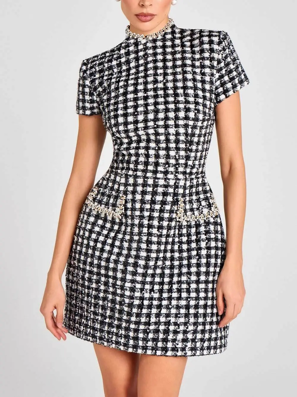 Sequin Beaded Plaid Tweed Elegant Mini Dress