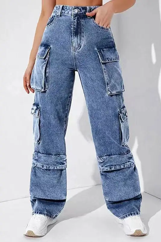 High-Waist Denim Cargo Pants