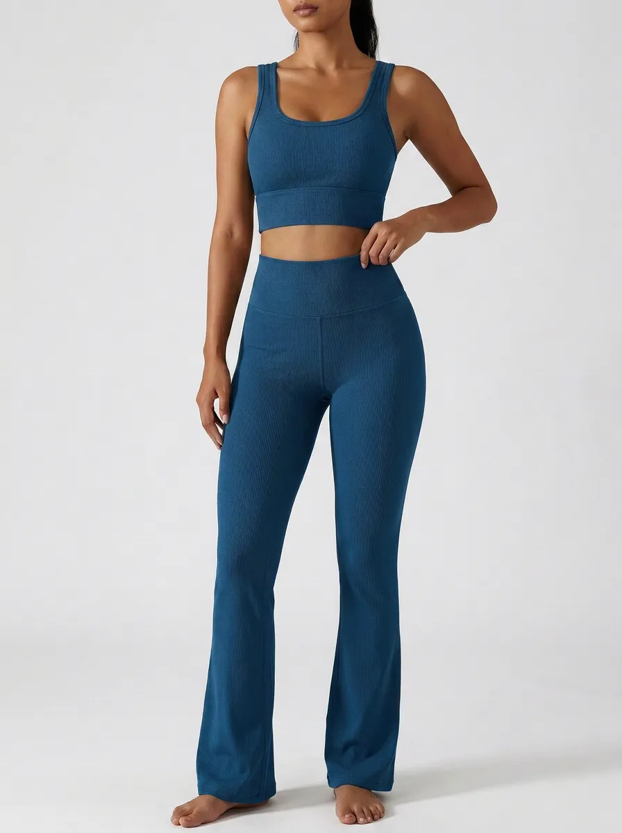 Women's Contemporary Ribbed Yoga Inspired Fitness Inspired Tank Top and Flare Pants Active Set