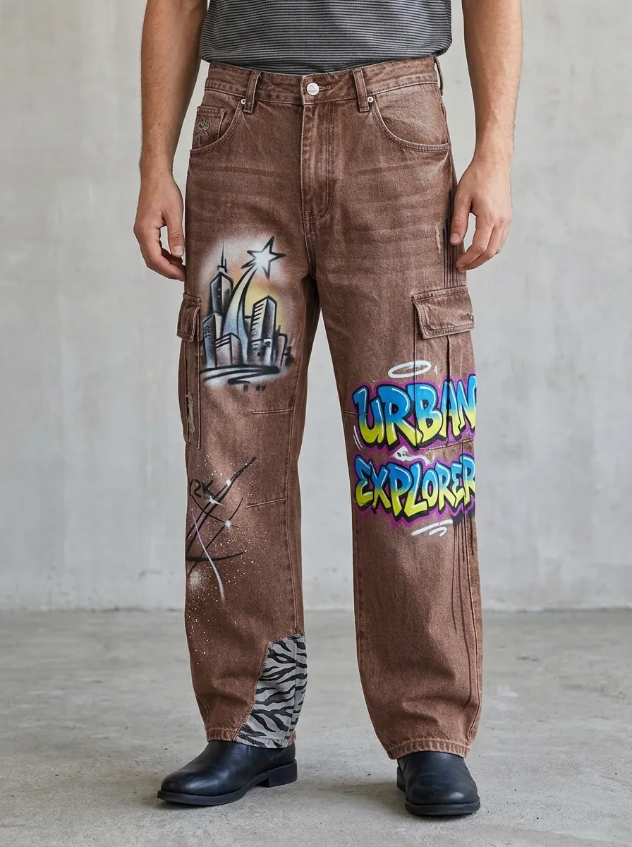 Men's Streetwear Urban Explorer Graffiti Graphic Cargo Jeans