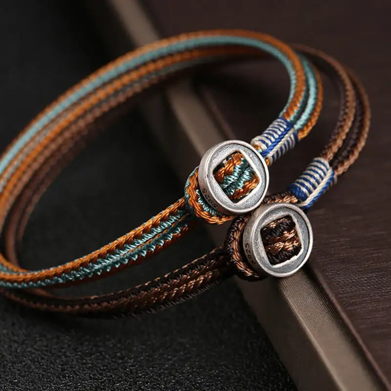 Sterling Silver Handmade Button Weave String Bracelet