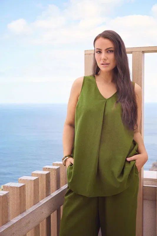 Green Linen Vest Top