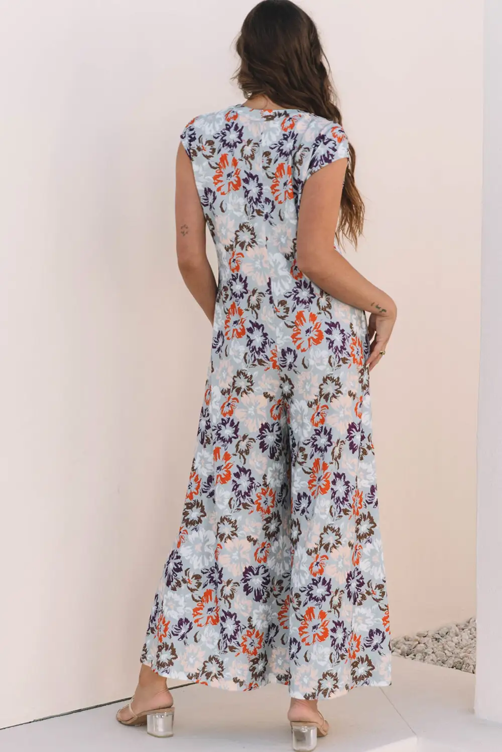 Floral Sleeveless Buttoned Pocketed Wide Leg Jumpsuit