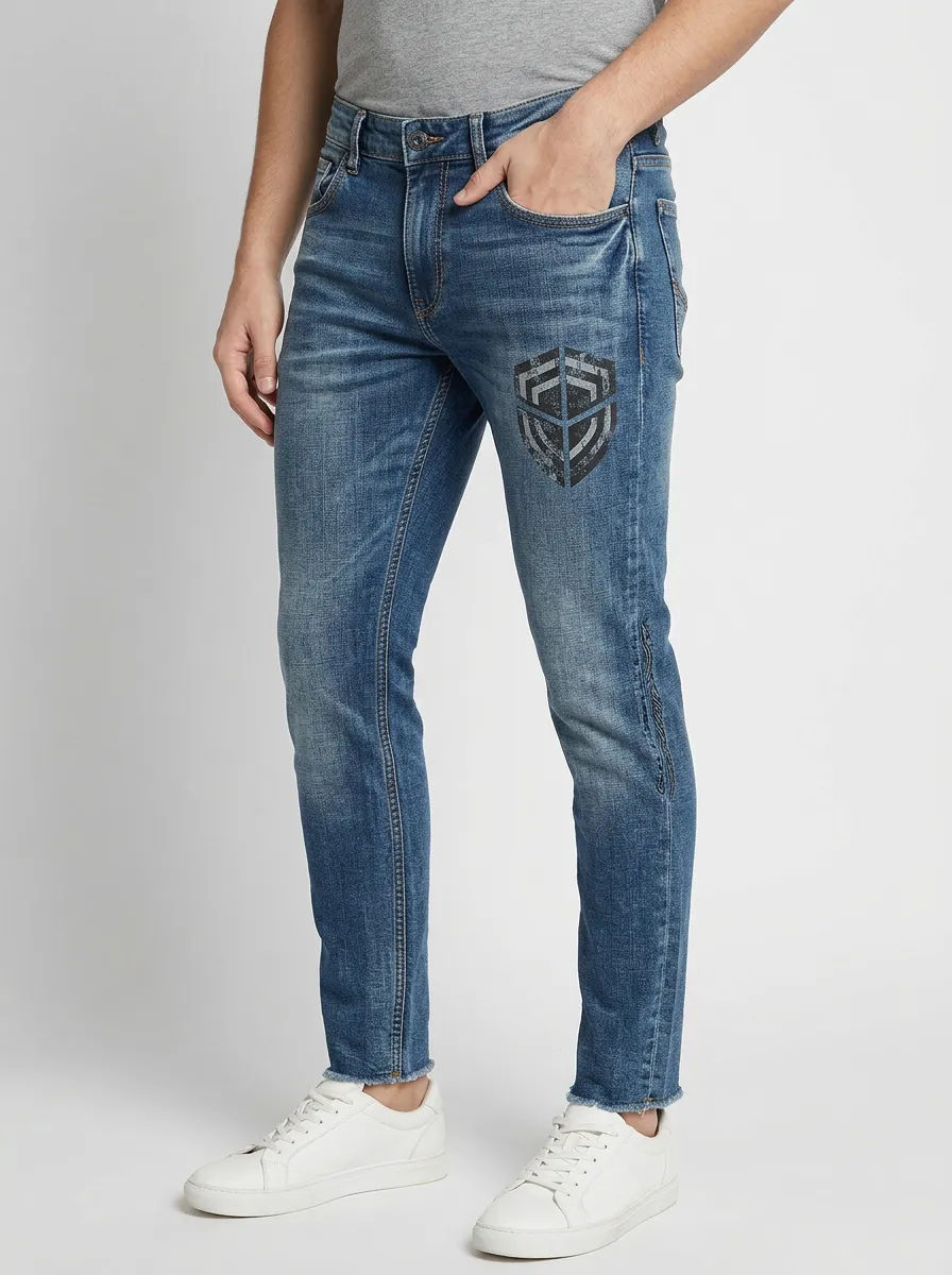 Men's Blue Shield Graphic Distressed Slim Fit Jeans