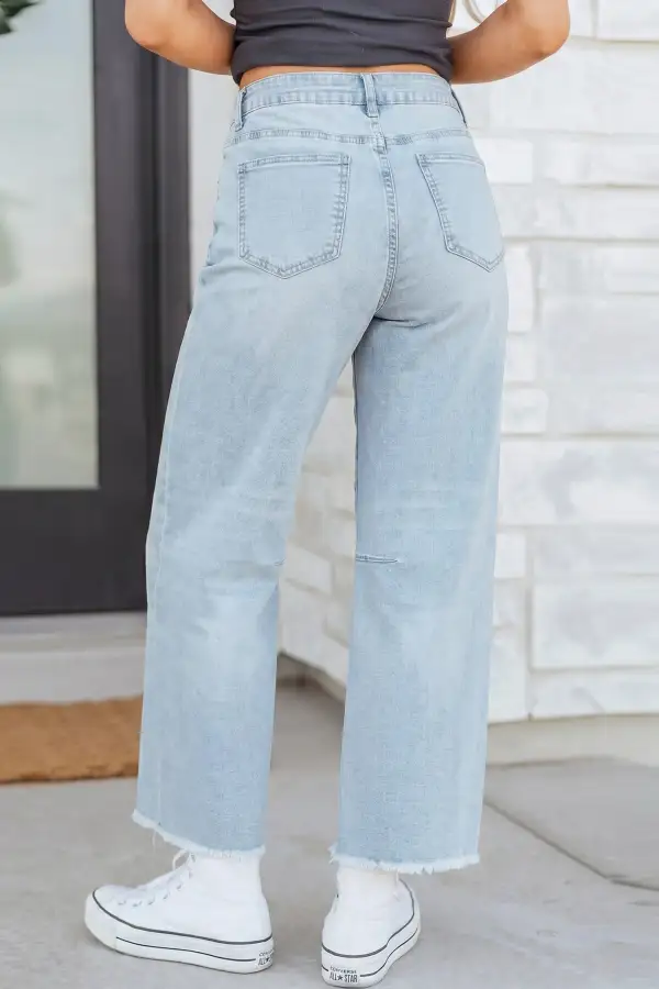Cropped Raw-Hem Frayed Straight Leg Jeans