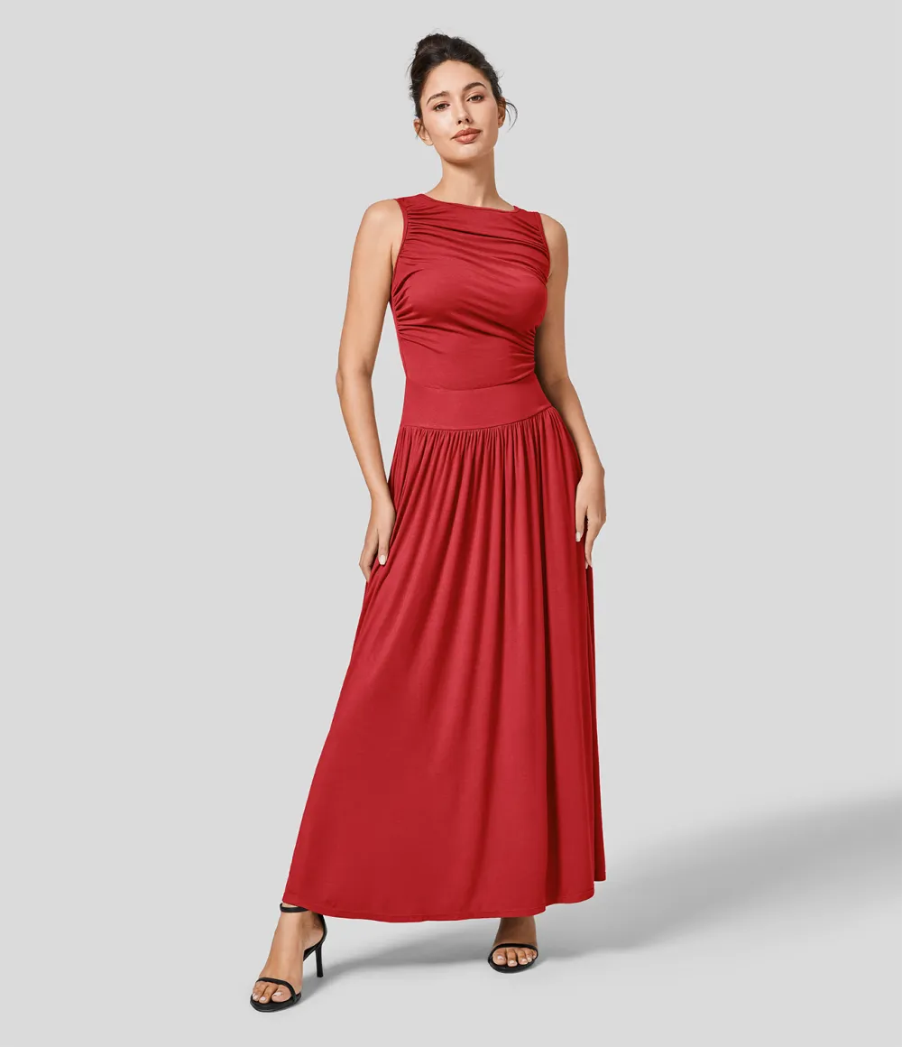 Ribbed Boat Neck Ruched Side Pocket Flowy Maxi Casual Dress