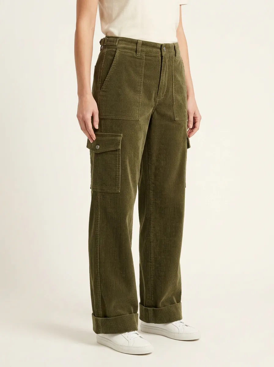 Women's Utility-Pocket Cuffed-Hem Cargo Corduroy Pants
