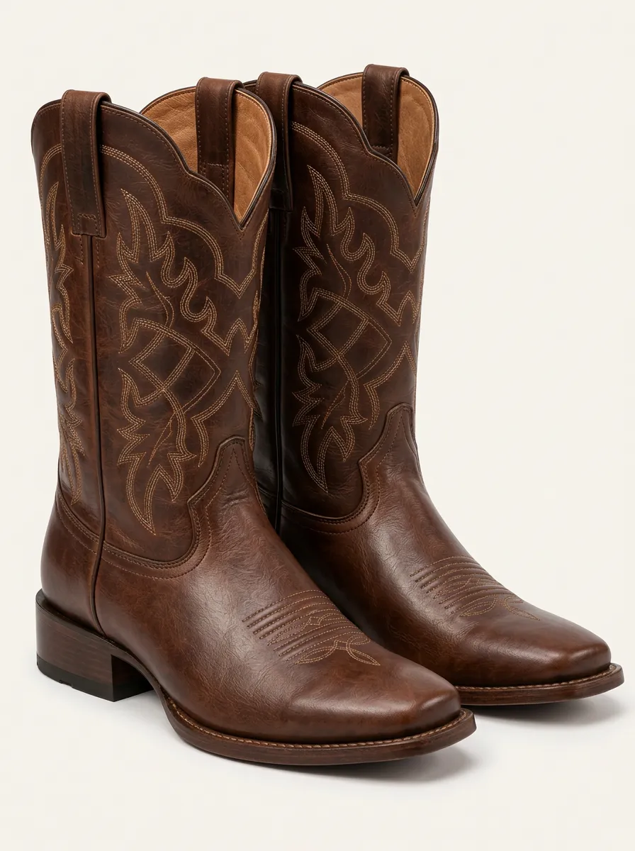 Men's Brown Leather Cowboy Boots with Patterned Embroidery