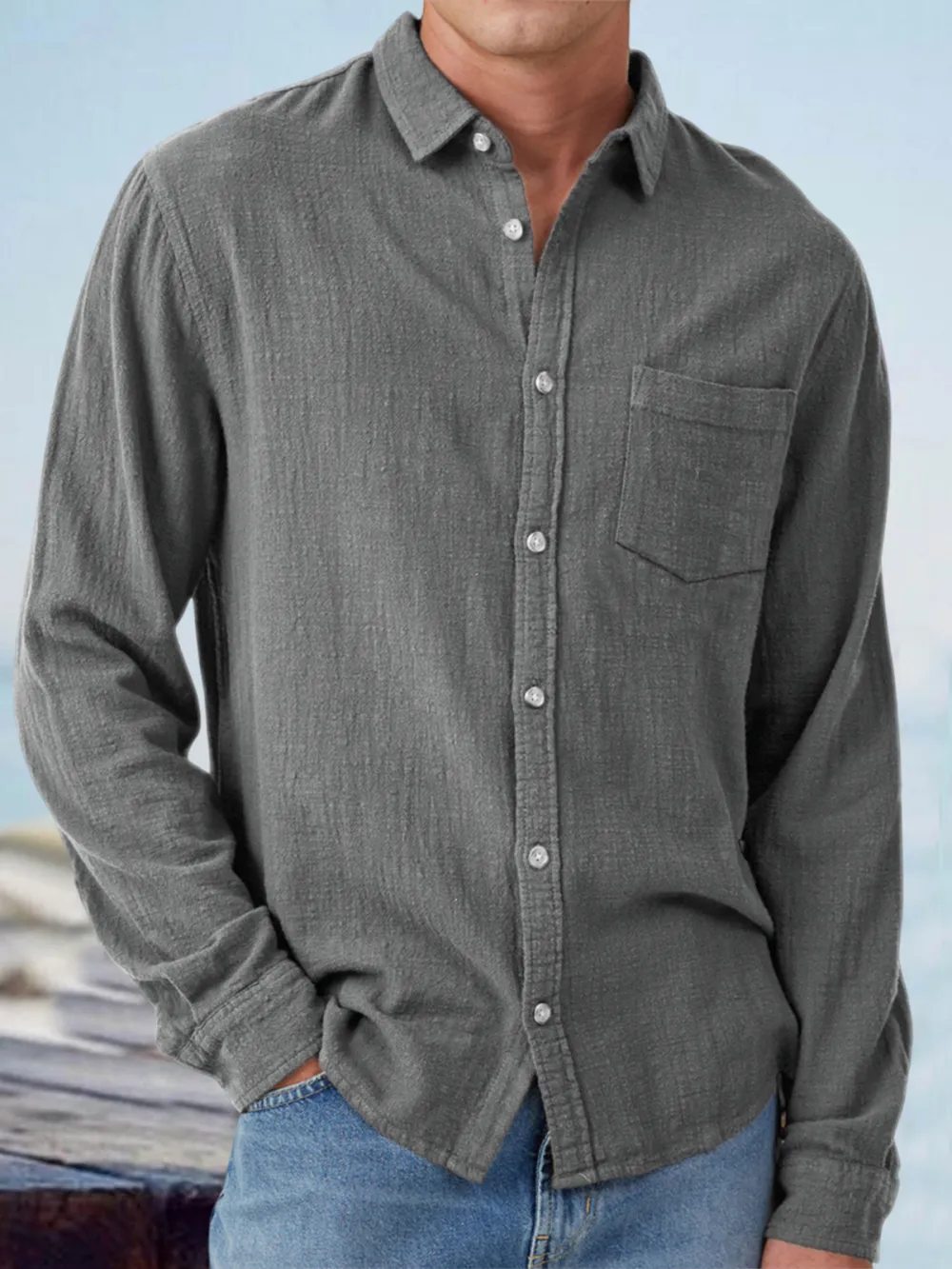 Everyday Long Sleeve Open Collar Pocket Shirt
